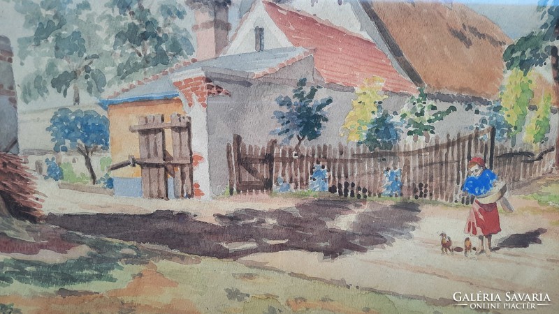 Békés utcakép 1940-ből, Gamásza - Balaton környéki falu (aquarell, 46x35cm) Somogy megye