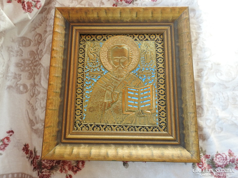 Saint Nicholas bronze icon with fire enamel decoration