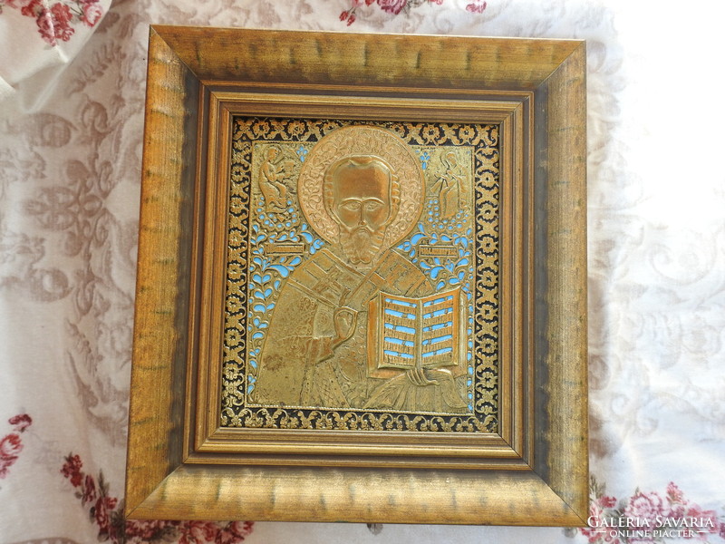 Saint Nicholas bronze icon with fire enamel decoration