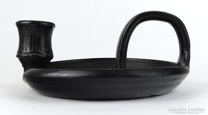 1G624 id. Fazekas lajos nádudvari black ceramic walking candlestick 19.5 Cm