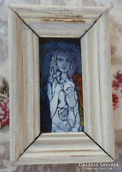 László Csóka fire enamel picture - girl with flowers - nude 1992