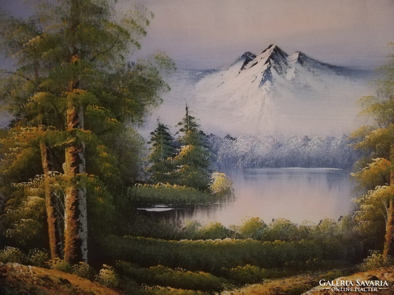 Olaj vászon festmény tájkép hegyek, erdő 49cm x 59cm