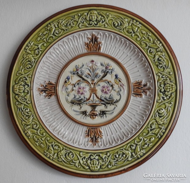 Antique large marked Art Nouveau majolica wall plate with bacchus heads - wall bowl