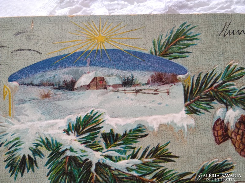 Antik litho/litográfiás karácsonyi képeslap/üdvözlőlap fenyőág, toboz, téli táj 1907