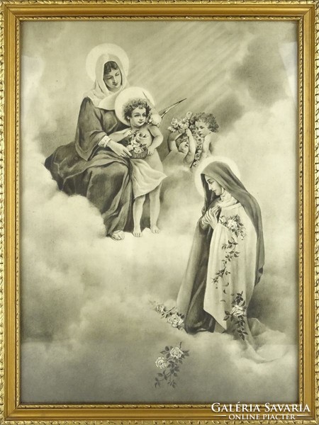 1G669 unmarked black and white holy image with angels and depiction of the Virgin Mary 48 x 36 cm