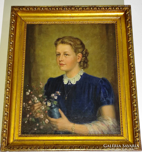 Englerth Emil (Bécs 1882) Eredeti leány portré festménye gyönyörű  keretében