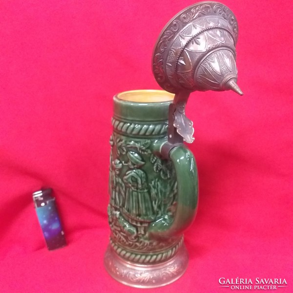 Hungarian green ceramic, copper-covered, beer mug with a bottom and a shepherd's life. 26.5 Cm.