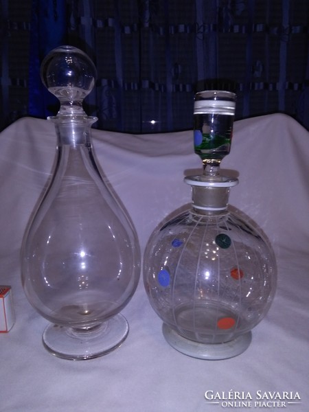 Two pieces of old decanter glass, liqueur bottle together - one with base, the other with painted polka dots