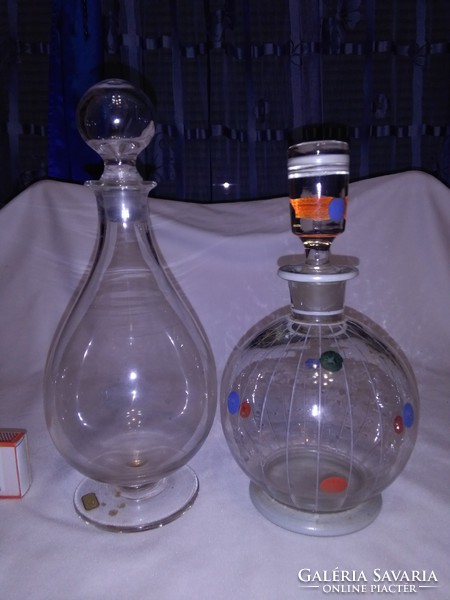 Two pieces of old decanter glass, liqueur bottle together - one with base, the other with painted polka dots