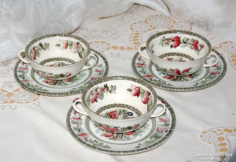 3 pcs vintage johnson bros england indian tree cream soup with ear cups and plates