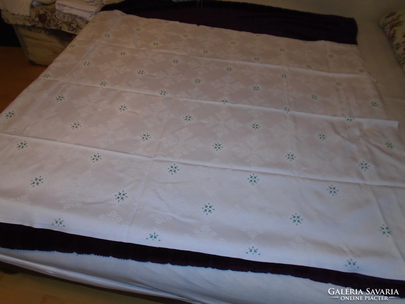 Beautiful old snow white festive big silk damask tablecloth needlework