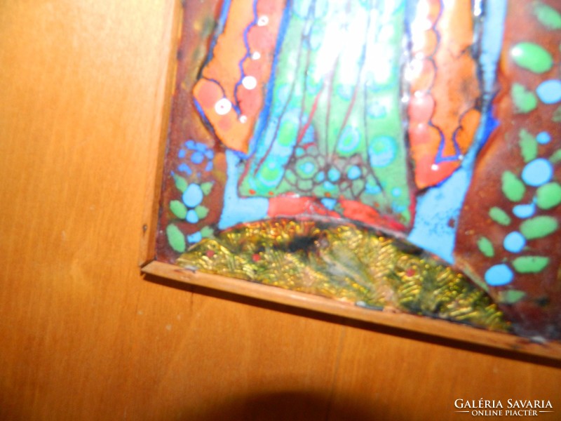Fábián Gyöngyvér jelzett tűzzománc kép Királylány madárral