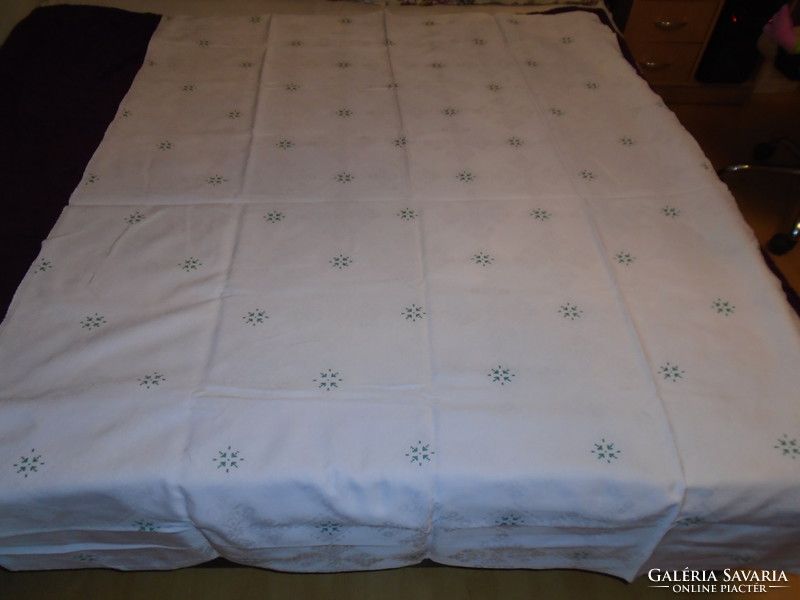 Beautiful old snow white festive big silk damask tablecloth needlework