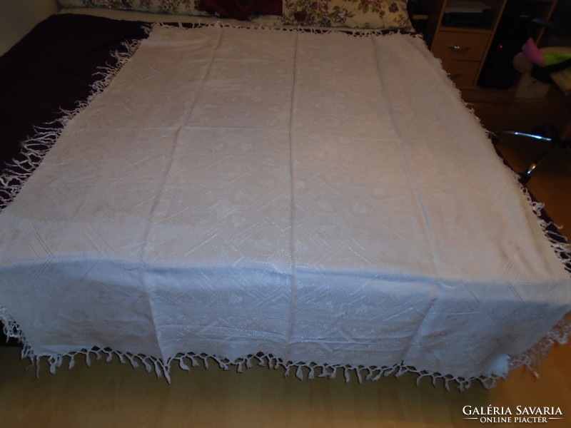 Szépséges antik nagy  hófehér,nemes selyem damaszt asztalterítő