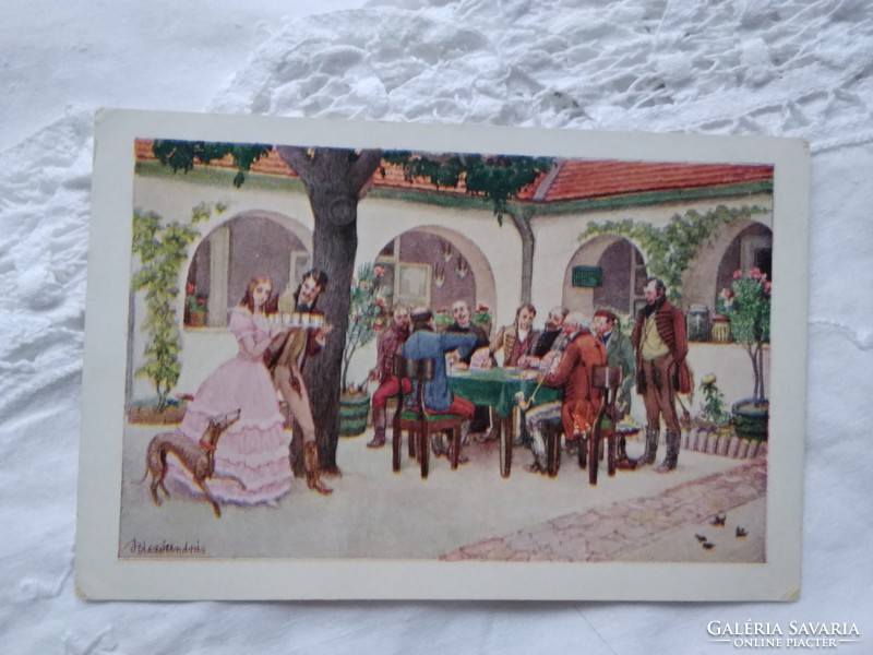 Old biczó andrás postcard / artist card old good times in hungary before the 'card party' 1945