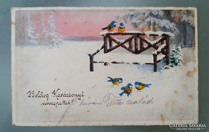Régi karácsonyi képeslap cinkés madaras levelezőlap 1940 körül