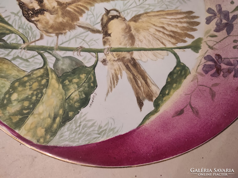 Antik porcelán asztalközép festett szecessziós szignált kináló tál 2