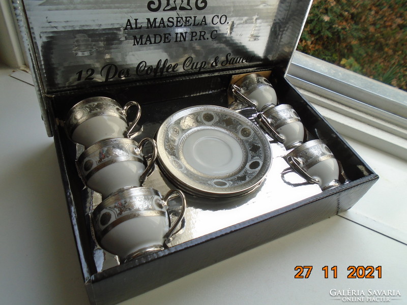 Hand-painted embossed platinum and silver arabesque and rosette patterns with novelty coffee set box