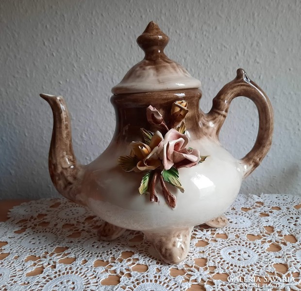 Royal cp italy porcelain faience tea jug with plastic flower decoration, second half