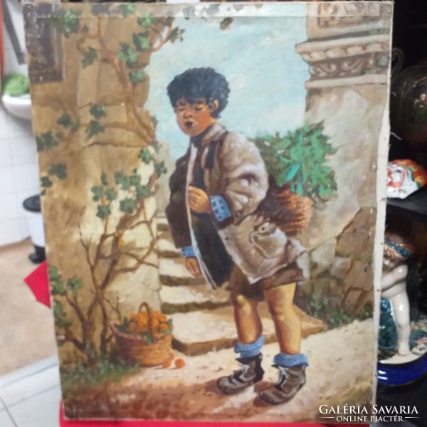 Boy carrying basket carrying oil on canvas. Indicated. 70 Cm.