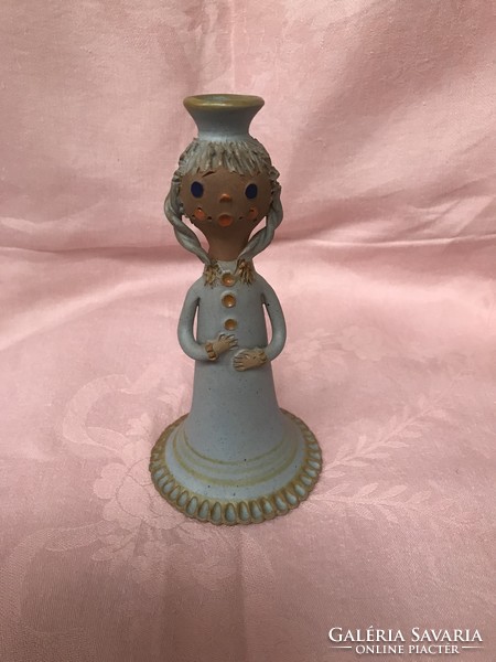 Painted glazed ceramic wicker girl with candlestick