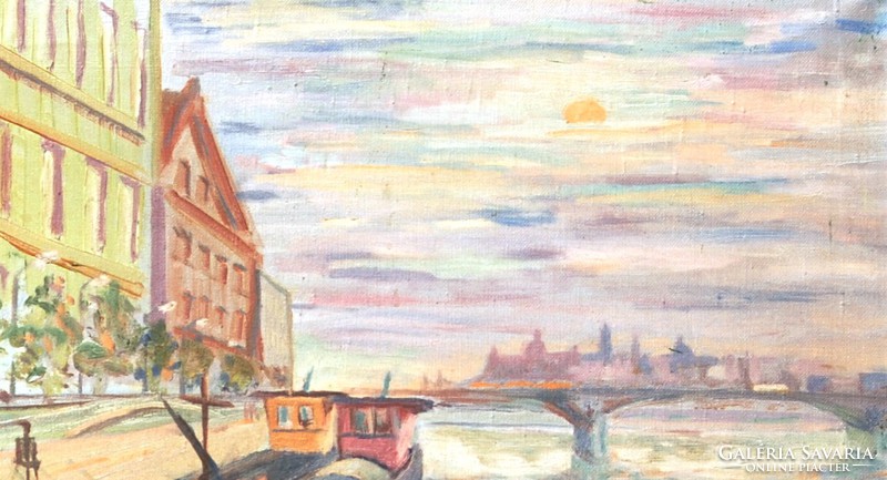 B. L .: Danube bank with barges 1976 - oil on canvas painting