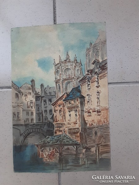 Cityscape with bridge - old little watercolor sign