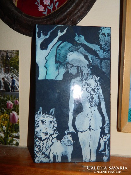 László Csóka fire enamel image with nude mythical creatures