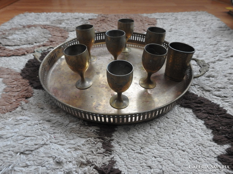 Art Nouveau copper tray with 7 foot cups and a toothpick holder