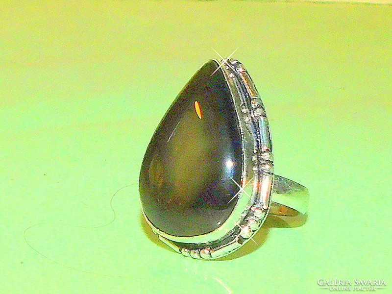 Caramel agate mineral stone drop Tibetan silver ring 7.5