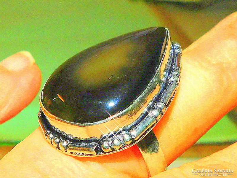 Caramel agate mineral stone drop Tibetan silver ring 7.5