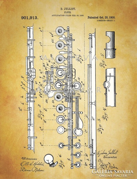 Régi fuvola Julliot 1908 klasszikus zenekari hangszerek szabadalmi rajzai, komolyzene, fúvósok