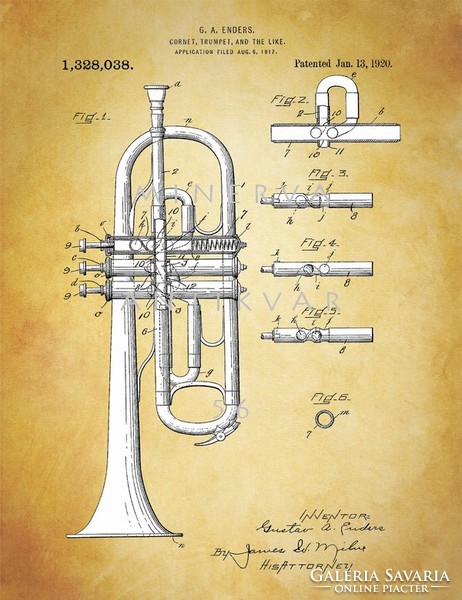Régi trombita Enders 1920 klasszikus zenekari hangszerek szabadalmi rajzai, komolyzene, rézfúvósok