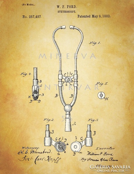 Régi sztetoszkóp fonendoszkóp Ford 1882 antik orvosi műszerek, eszközök szabadalmi rajzai, falikép