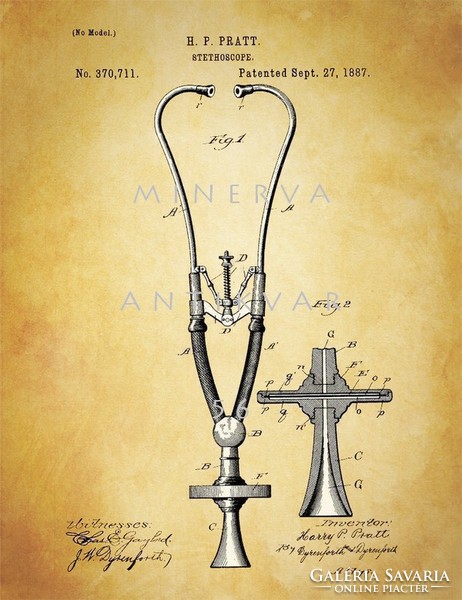 Régi sztetoszkóp fonendoszkóp Pratt 1887 antik orvosi műszerek, eszközök szabadalmi rajzai, falikép