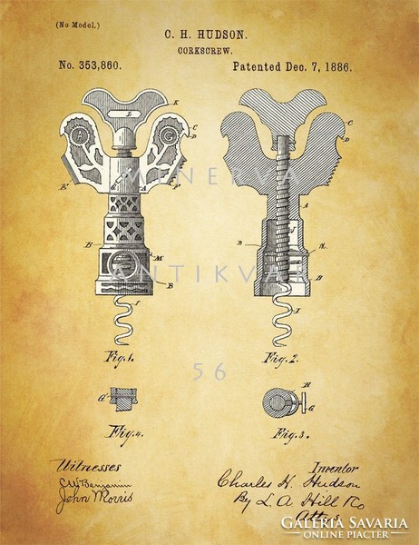 Old antique corkscrew patent drawing hudson 1886 winery grape bottle winery decoration mural