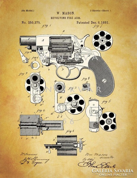 Old Antique Revolver Patent Drawing Mason 1881 Classic American Rotary Pistol Firearm