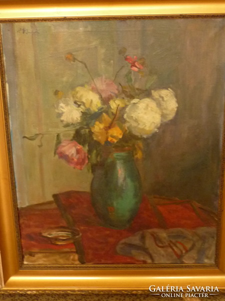 Eladó P. Bak János:Virágcsendélet című olajvászon festménye