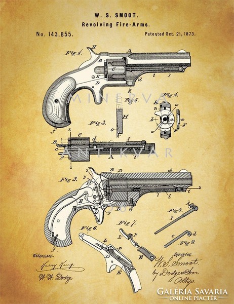 Old Antique Revolver Patent Drawing Smoot 1873 Classic American Rotary Pistol Firearm