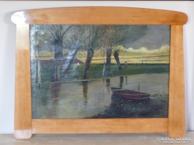Old oil painting- waterfront landscape