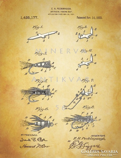 Régi antik műlégy műcsali 1922 Peckinpaugh szabadalmi rajz, legyező horgász felszerelés történet