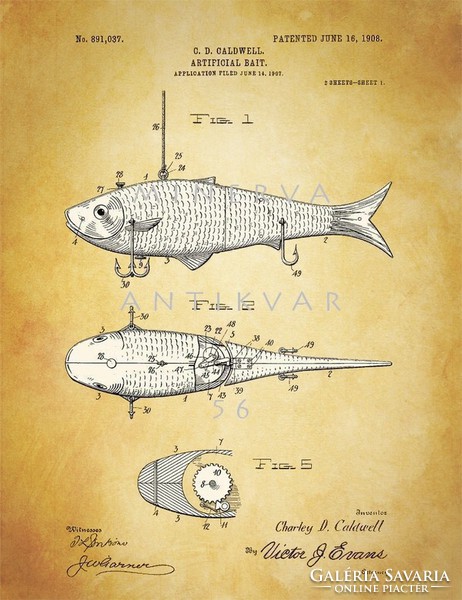Old antique lure wobbler artificial fish 1908 caldwell patent drawing, fishing tackle tool story