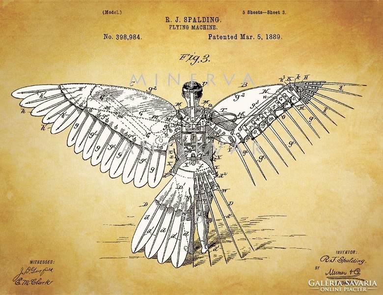 Régi szárnyas repülő szerkezet 1889 Spalding találmány szabadalmi rajz repülés történet, Da Vinci