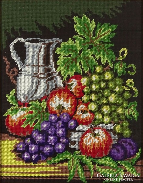 1H020 old table fruit still life in tapestry gilded frame 43 x 36 cm