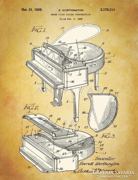 Prints of old worthington piano 1939 patent drawings of classical instruments, classical music, piano