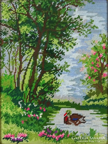 1H019 old colorful tapestry landscape with duck in blonde frame 46 x 36 cm