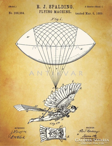 Régi szárnyas repülő szerkezet 2 1889 Spalding találmány szabadalmi rajz repülés történet, Da Vinci