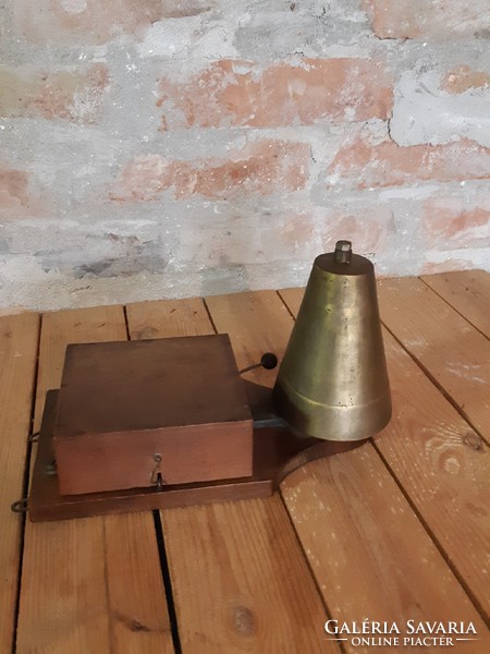 Antique wall mounted flat or school copper bell in wooden case