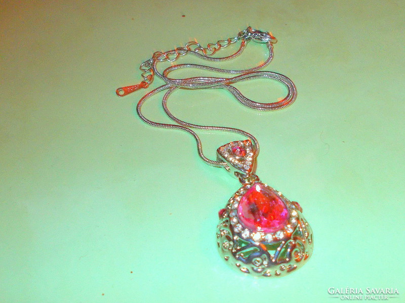Pink crystal drop white gold gold filled necklace marked 18kgp