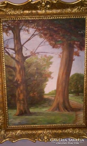 ISMERETLEN FESTŐ - Antik ( olaj zsákvászon ) festmény - fák - blondel arany keretben